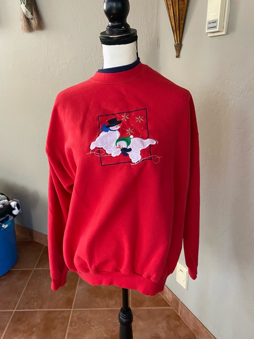 Men's Red Crewneck Sweater with Snowman Embroidery